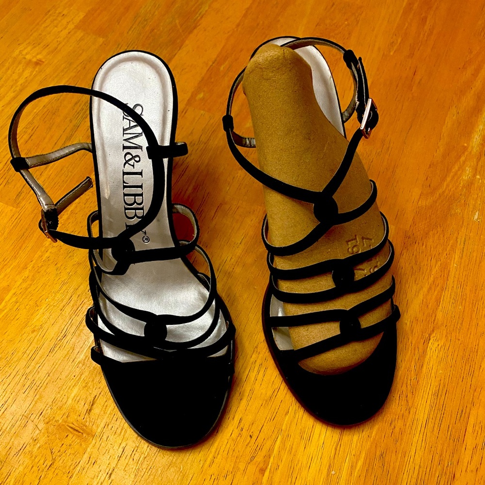 Sam & Libby Women's Black Satin Strappy High Heel Sandals Size 6M, 3” heel